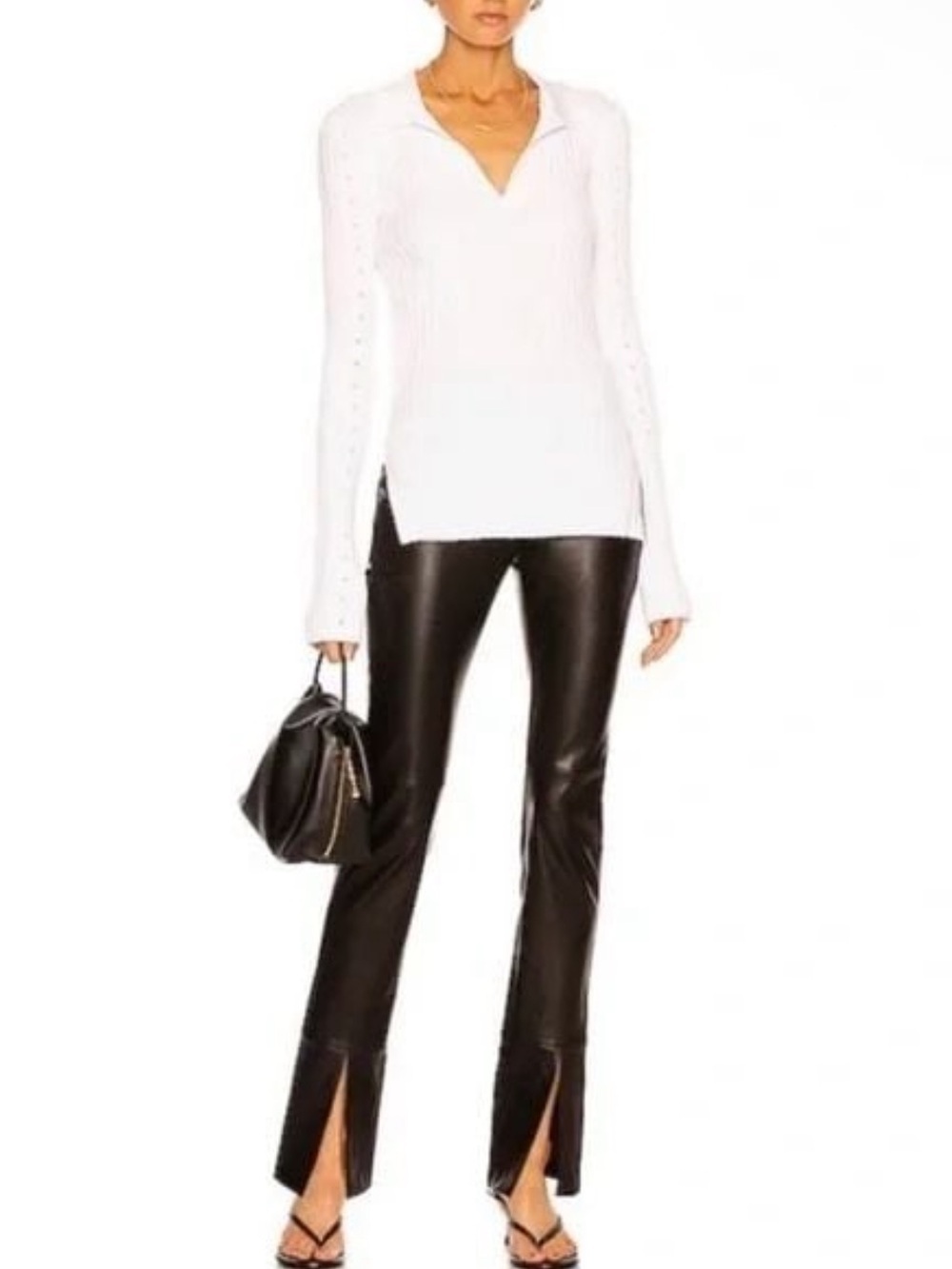 HELMUT LANG White Ribbed Knit Long Sleeve Polo Top Collared Vneck Split Hem SM